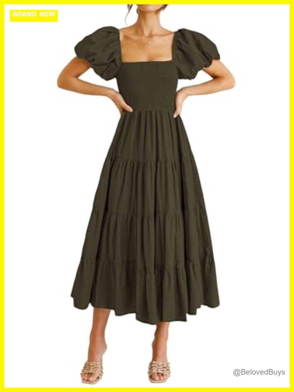 PRETTYGARDEN Women's Smocked Midi Dress A-Line Square Neck Short Sleeve
